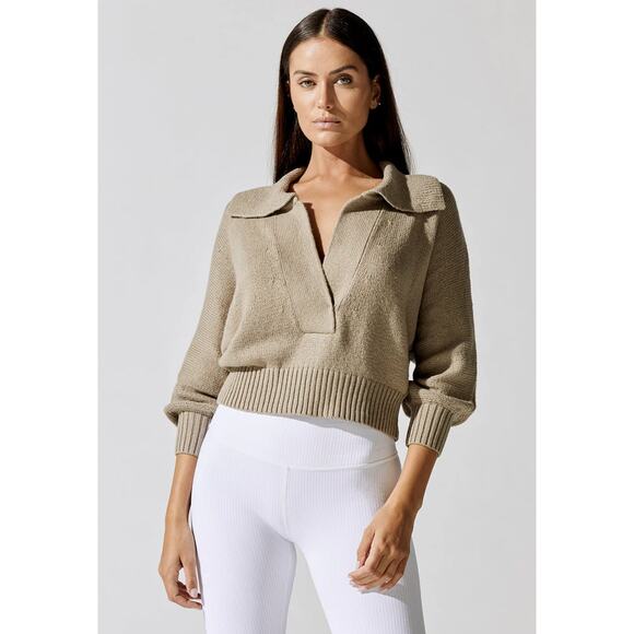 BROCHU WALKER Marlowe Taupe Cropped Henley Sweater Size Small - Picture 2 of 8